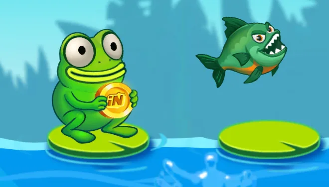Cena colorida do jogo: a rã verde numa folha e um peixe alaranjado a saltar sobre a água azul